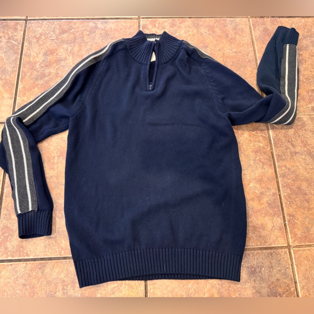American Rag Navy Zip-Front Sweater with Gray Stripe Accents